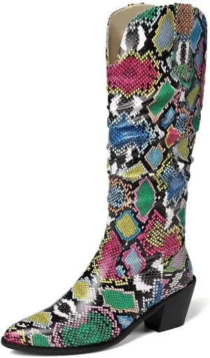 mikarka Cowboy Boots for Women Modern Western Pointed Toe Chunky Block Snakeskin Cowgirl Mid-calf Boots with Pull-up Tabs