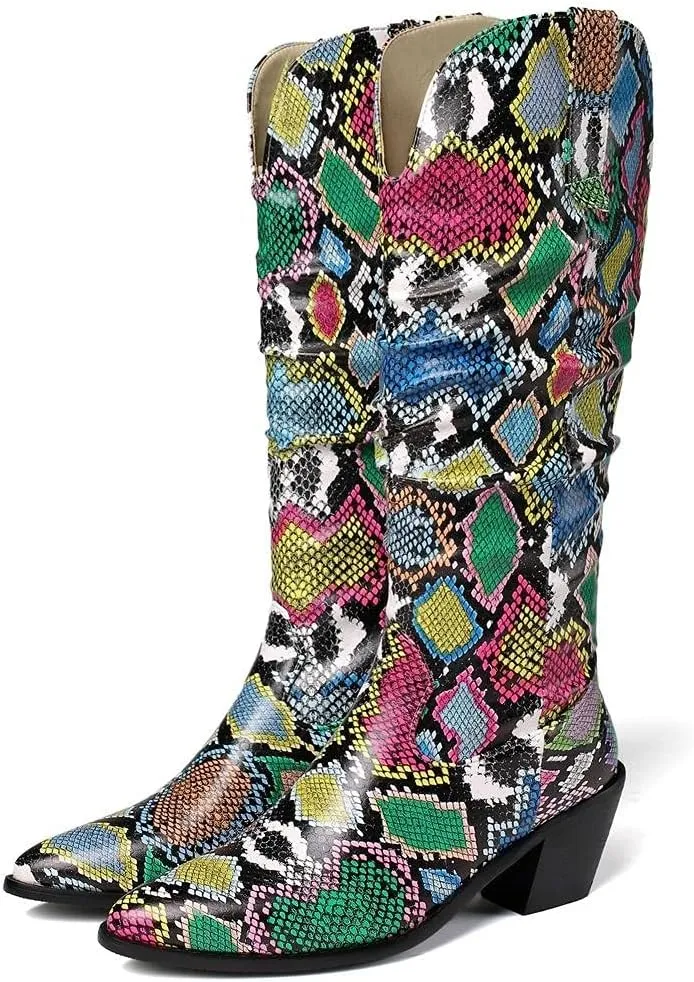 mikarka Cowboy Boots for Women Modern Western Pointed Toe Chunky Block Snakeskin Cowgirl Mid-calf Boots with Pull-up Tabs