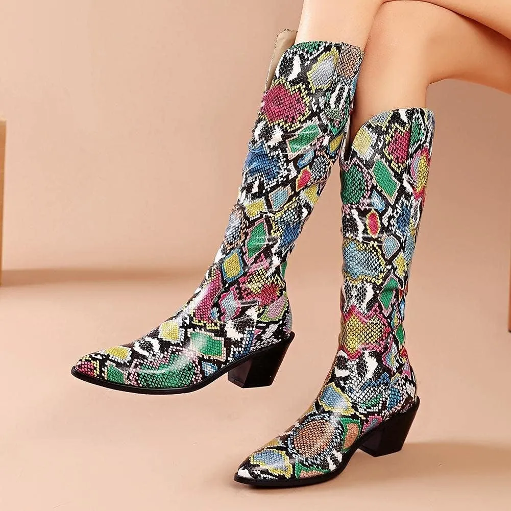 mikarka Cowboy Boots for Women Modern Western Pointed Toe Chunky Block Snakeskin Cowgirl Mid-calf Boots with Pull-up Tabs
