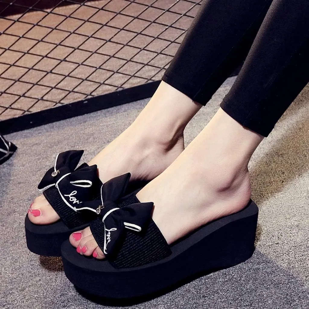 MIOKE Women's Bowtie Wedge Slide Sandals Fashion High Heel Platform Comfort Anti-Slip Summer Beach Sandal