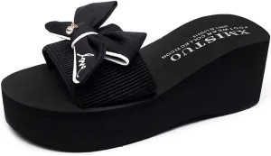 MIOKE Women's Bowtie Wedge Slide Sandals Fashion High Heel Platform Comfort Anti-Slip Summer Beach Sandal