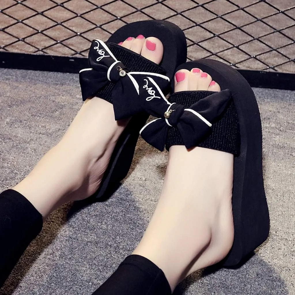 MIOKE Women's Bowtie Wedge Slide Sandals Fashion High Heel Platform Comfort Anti-Slip Summer Beach Sandal