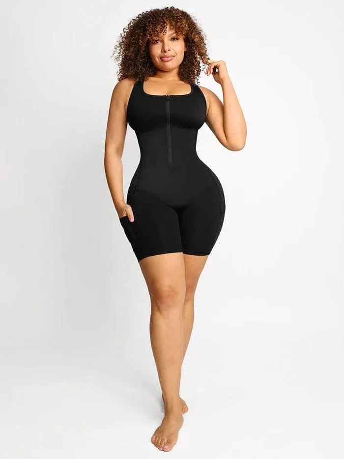 One Piece Shaping Bodysuit with Front Zipper and Side Pockets