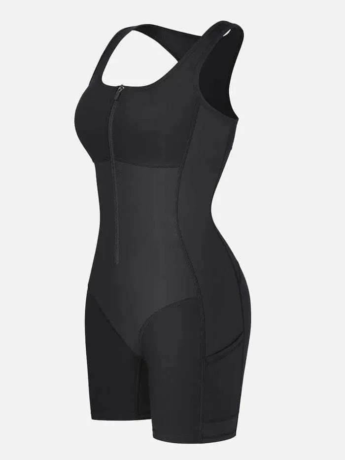 One Piece Shaping Bodysuit with Front Zipper and Side Pockets