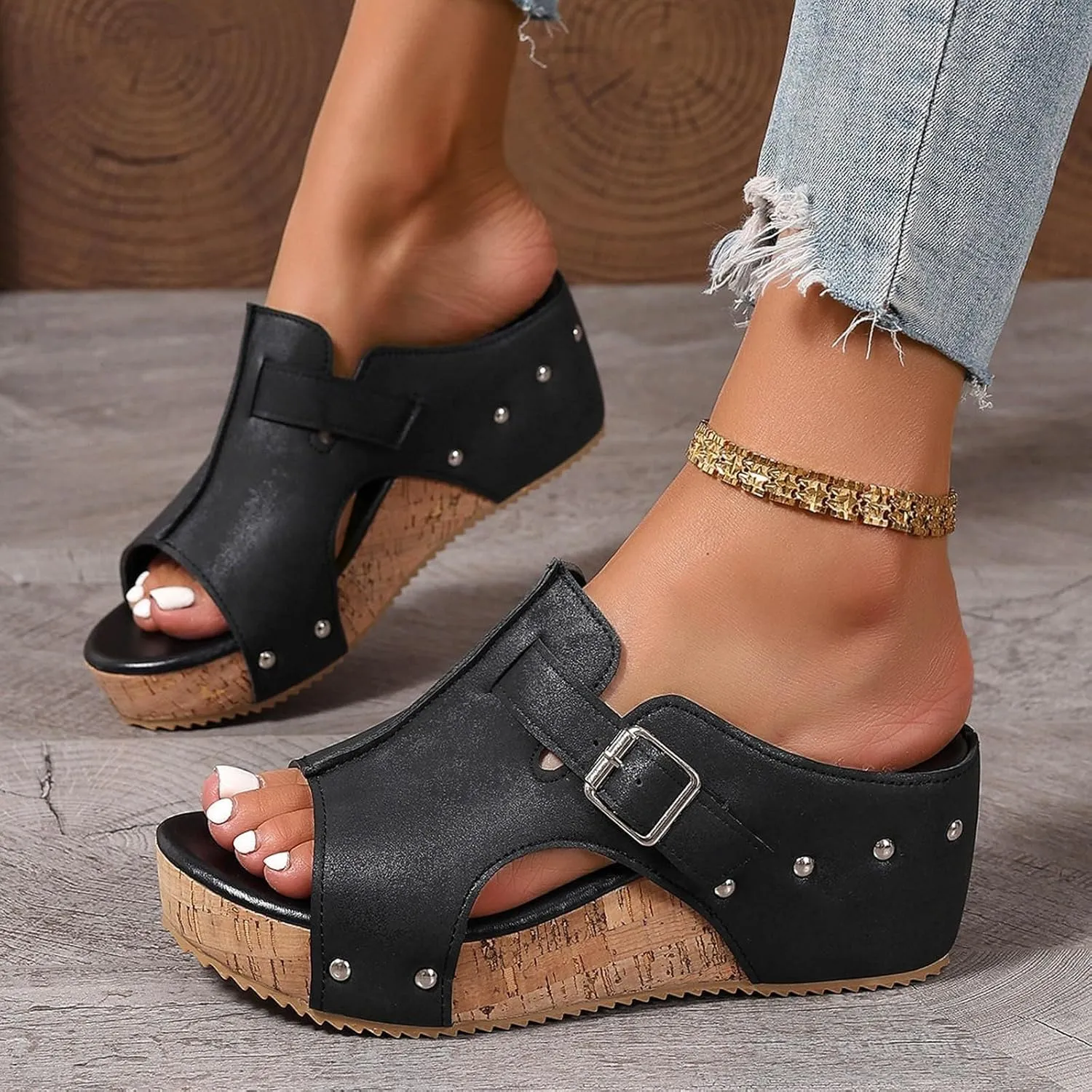 Orthopedic Wedge Sandals for Women Comfortable Open Toe Slip On Slides Casual Platform Summer Slippers Cork Heeled Sandal Beach Vacation Shoes Boho Ankle Strap Shoe