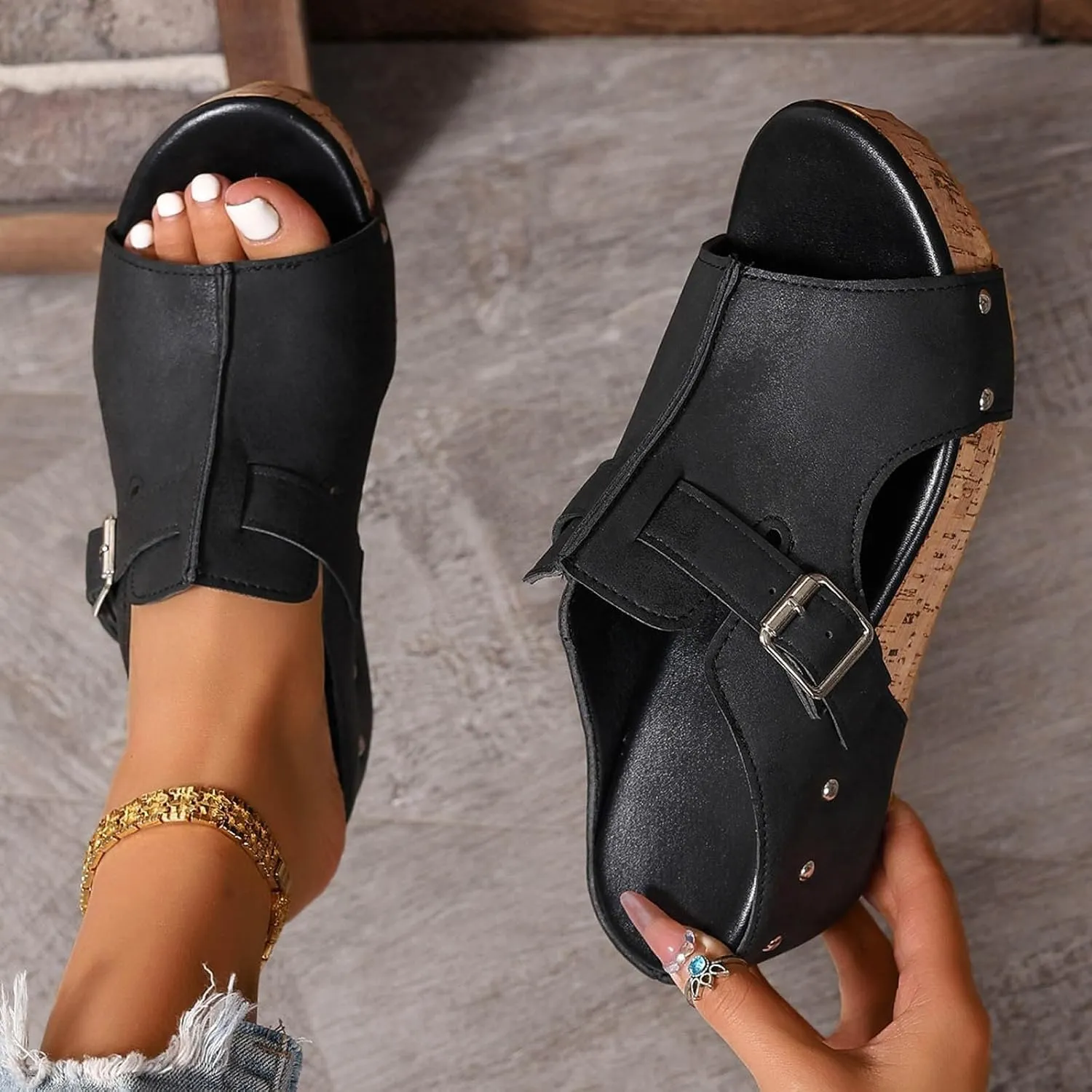 Orthopedic Wedge Sandals for Women Comfortable Open Toe Slip On Slides Casual Platform Summer Slippers Cork Heeled Sandal Beach Vacation Shoes Boho Ankle Strap Shoe