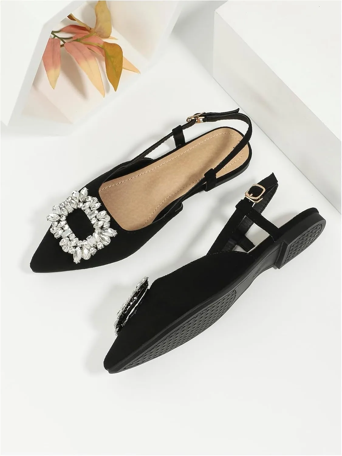 OYOANGLE Women's Rhinestone Decor Pointed Toe Slingback Flats Faux Suede Dress Sandals