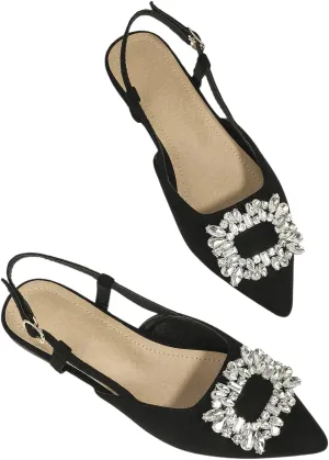 OYOANGLE Women's Rhinestone Decor Pointed Toe Slingback Flats Faux Suede Dress Sandals
