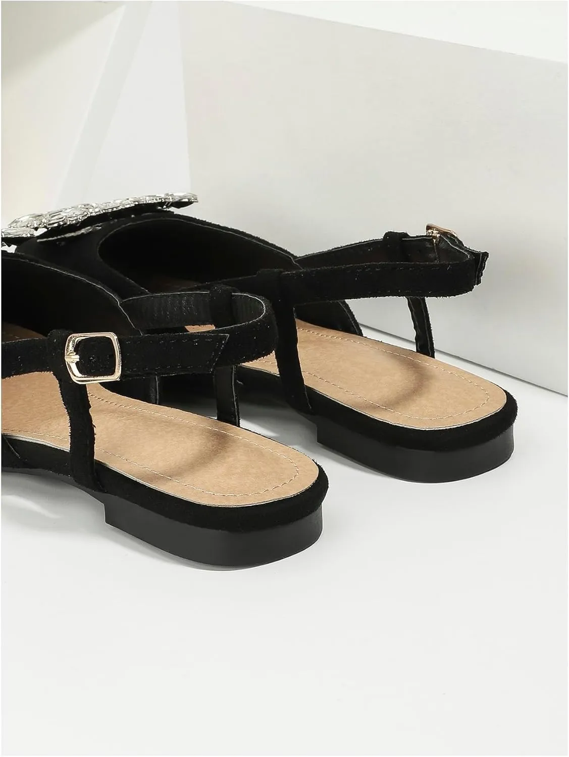 OYOANGLE Women's Rhinestone Decor Pointed Toe Slingback Flats Faux Suede Dress Sandals