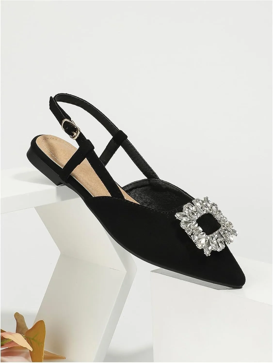 OYOANGLE Women's Rhinestone Decor Pointed Toe Slingback Flats Faux Suede Dress Sandals