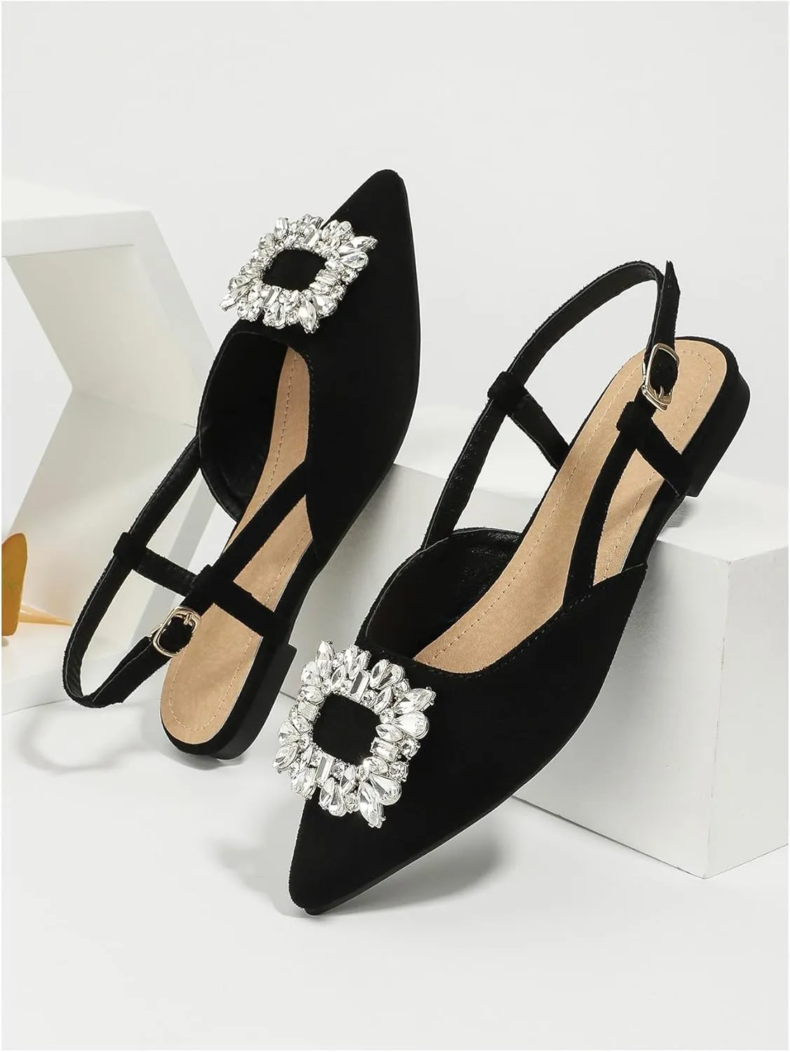 OYOANGLE Women's Rhinestone Decor Pointed Toe Slingback Flats Faux Suede Dress Sandals