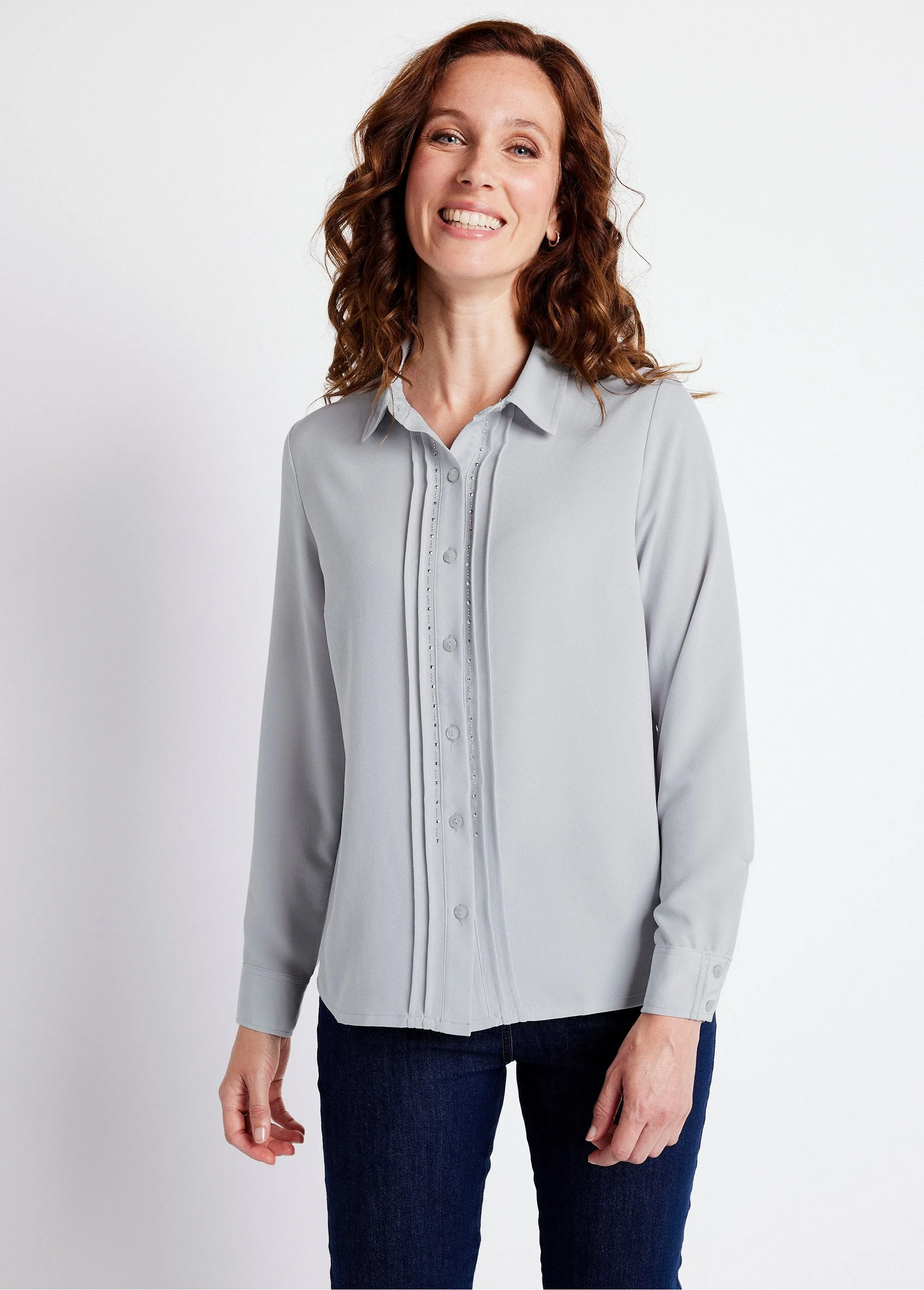 Plain buttoned long rhinestone blouse with shirt collar