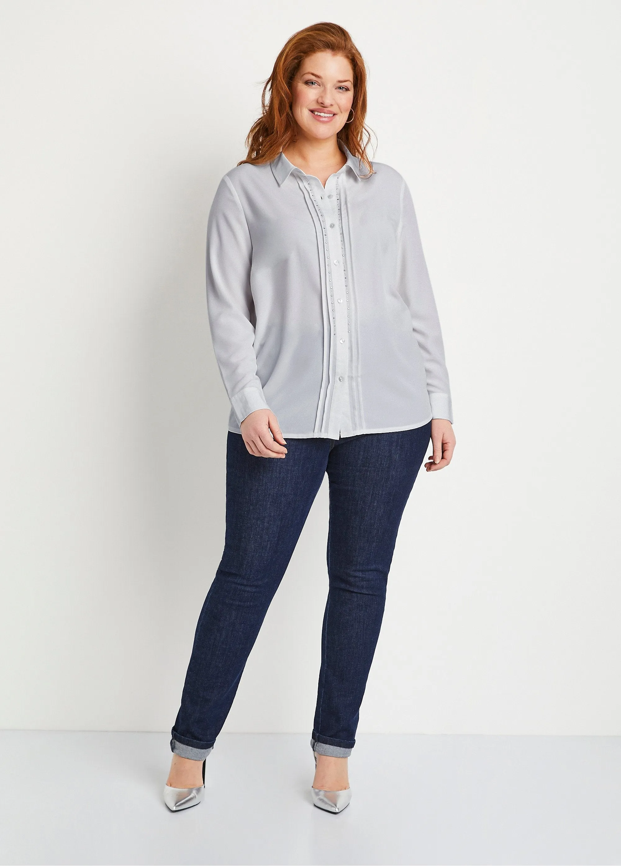 Plain buttoned long rhinestone blouse with shirt collar