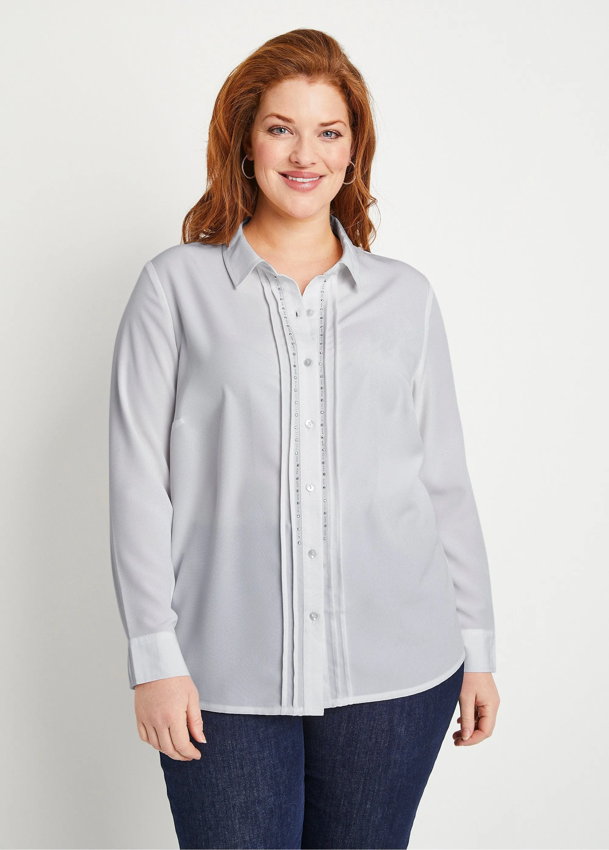 Plain buttoned long rhinestone blouse with shirt collar