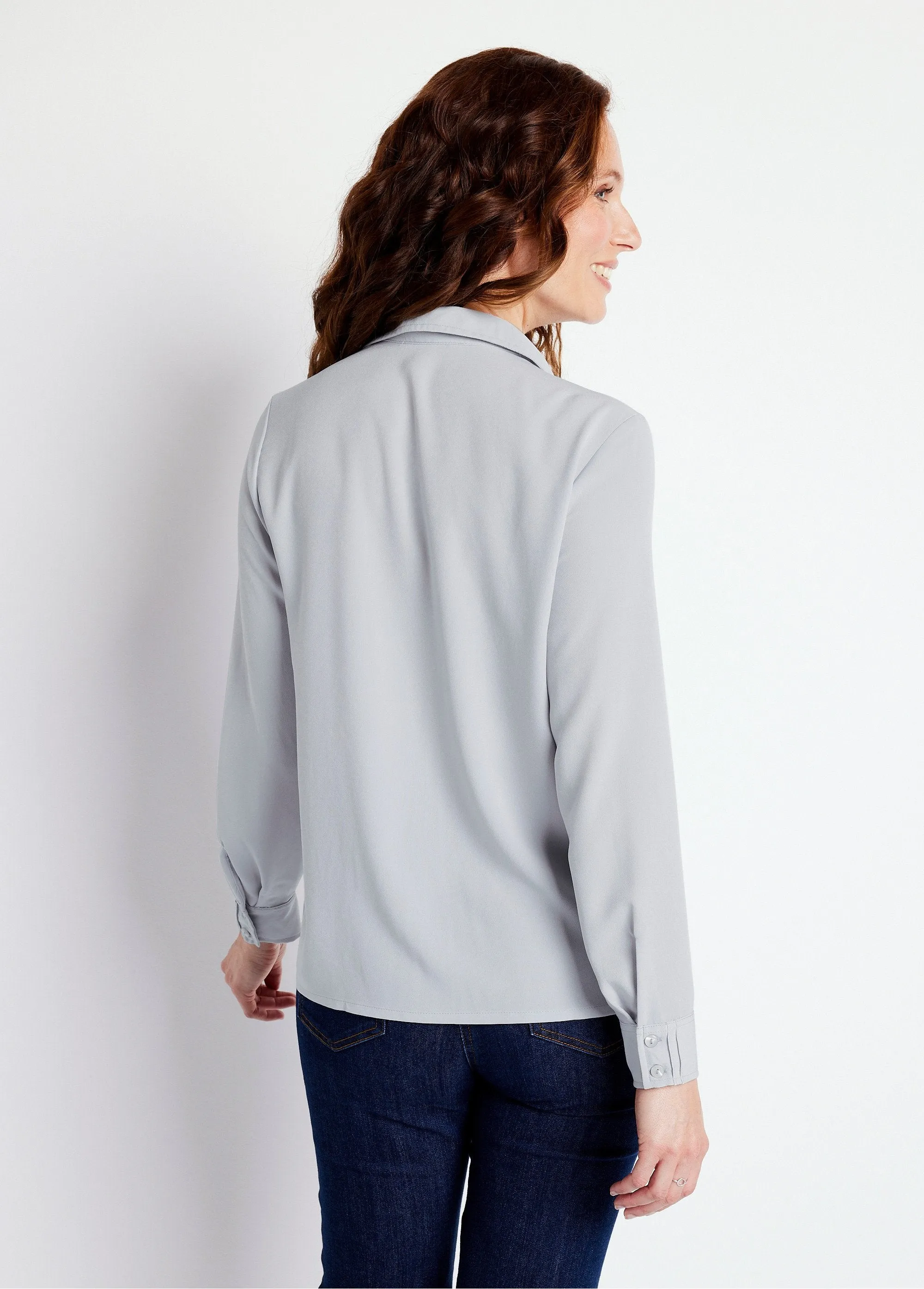 Plain buttoned long rhinestone blouse with shirt collar