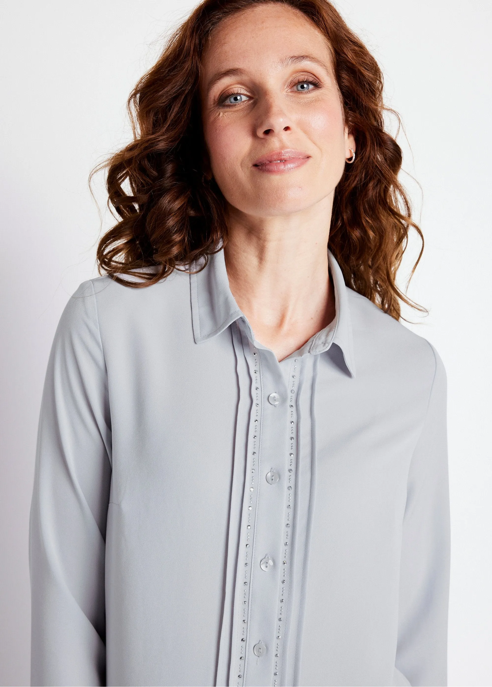 Plain buttoned long rhinestone blouse with shirt collar