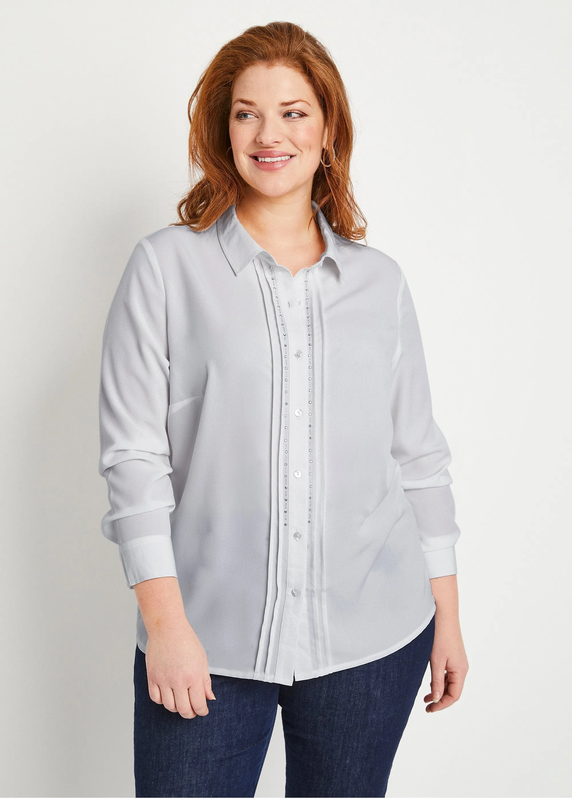 Plain buttoned long rhinestone blouse with shirt collar