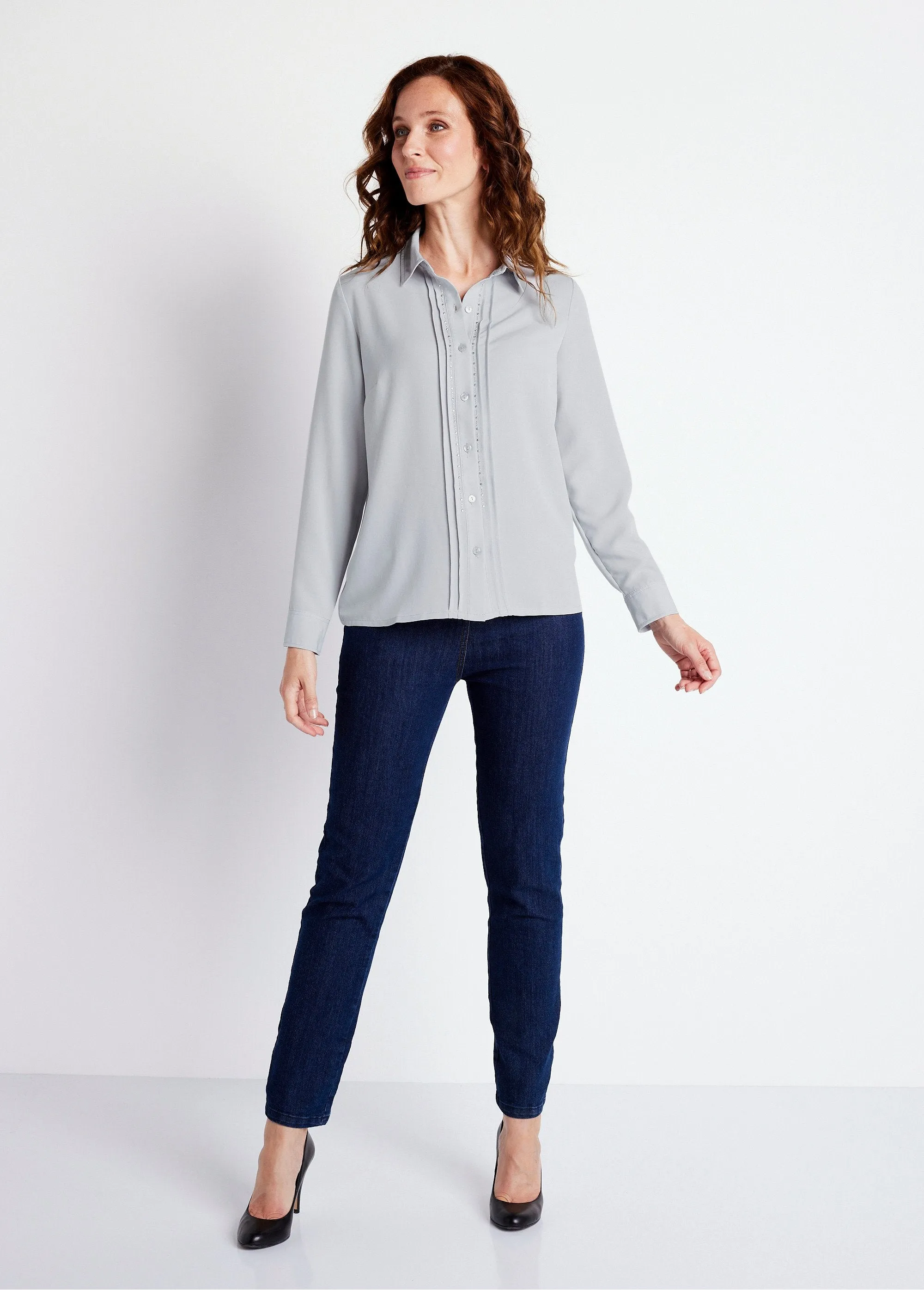 Plain buttoned long rhinestone blouse with shirt collar