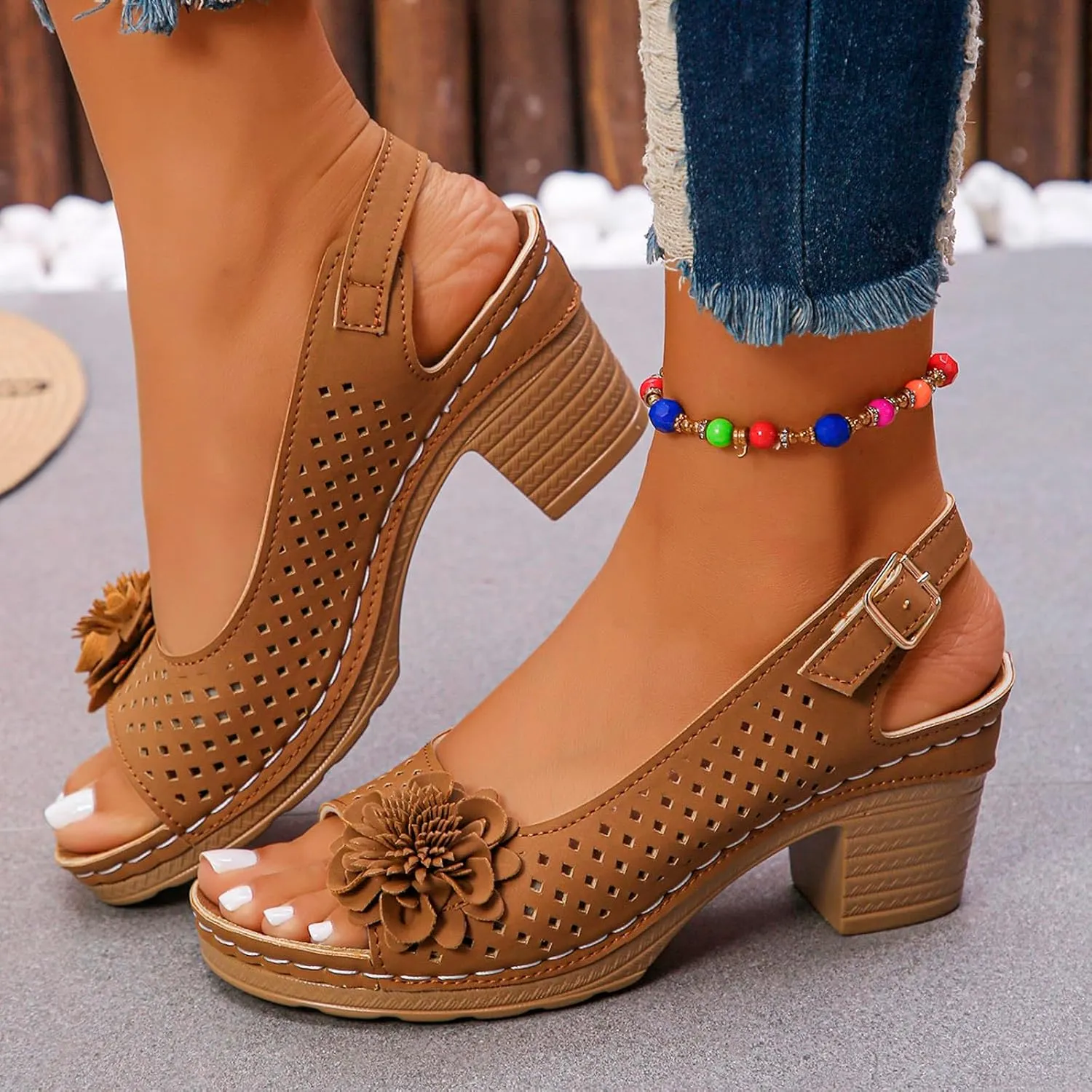 Platform Sandals Open Toe Hollow Out Mesh Shoes Fashion 3D Floral Sandal Retro Bohemian Wedge Slippers Casual Wedding Women Shoes Comfort Adjustable Strap Sandals Chunky Heel Sandal