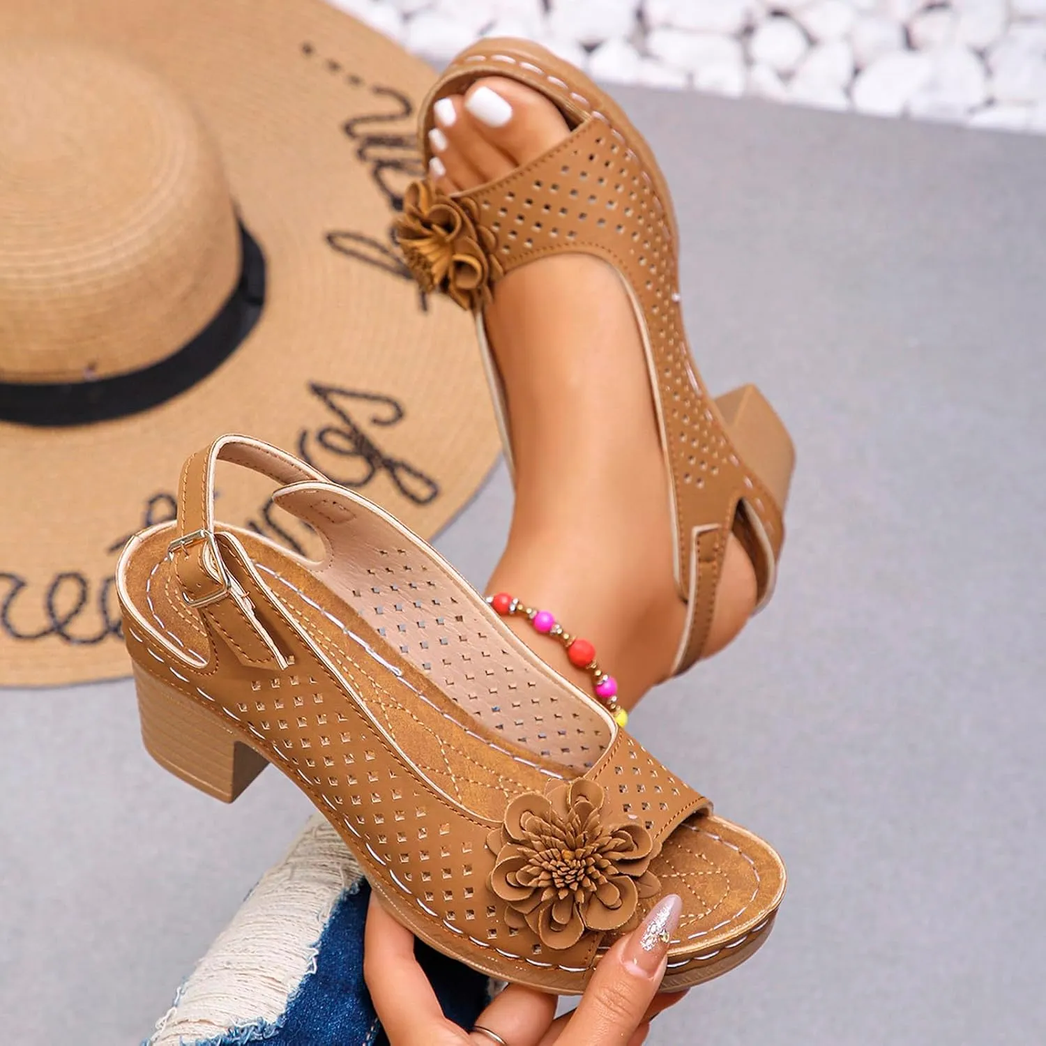 Platform Sandals Open Toe Hollow Out Mesh Shoes Fashion 3D Floral Sandal Retro Bohemian Wedge Slippers Casual Wedding Women Shoes Comfort Adjustable Strap Sandals Chunky Heel Sandal