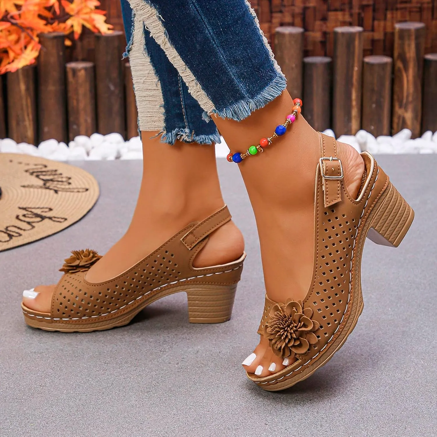 Platform Sandals Open Toe Hollow Out Mesh Shoes Fashion 3D Floral Sandal Retro Bohemian Wedge Slippers Casual Wedding Women Shoes Comfort Adjustable Strap Sandals Chunky Heel Sandal