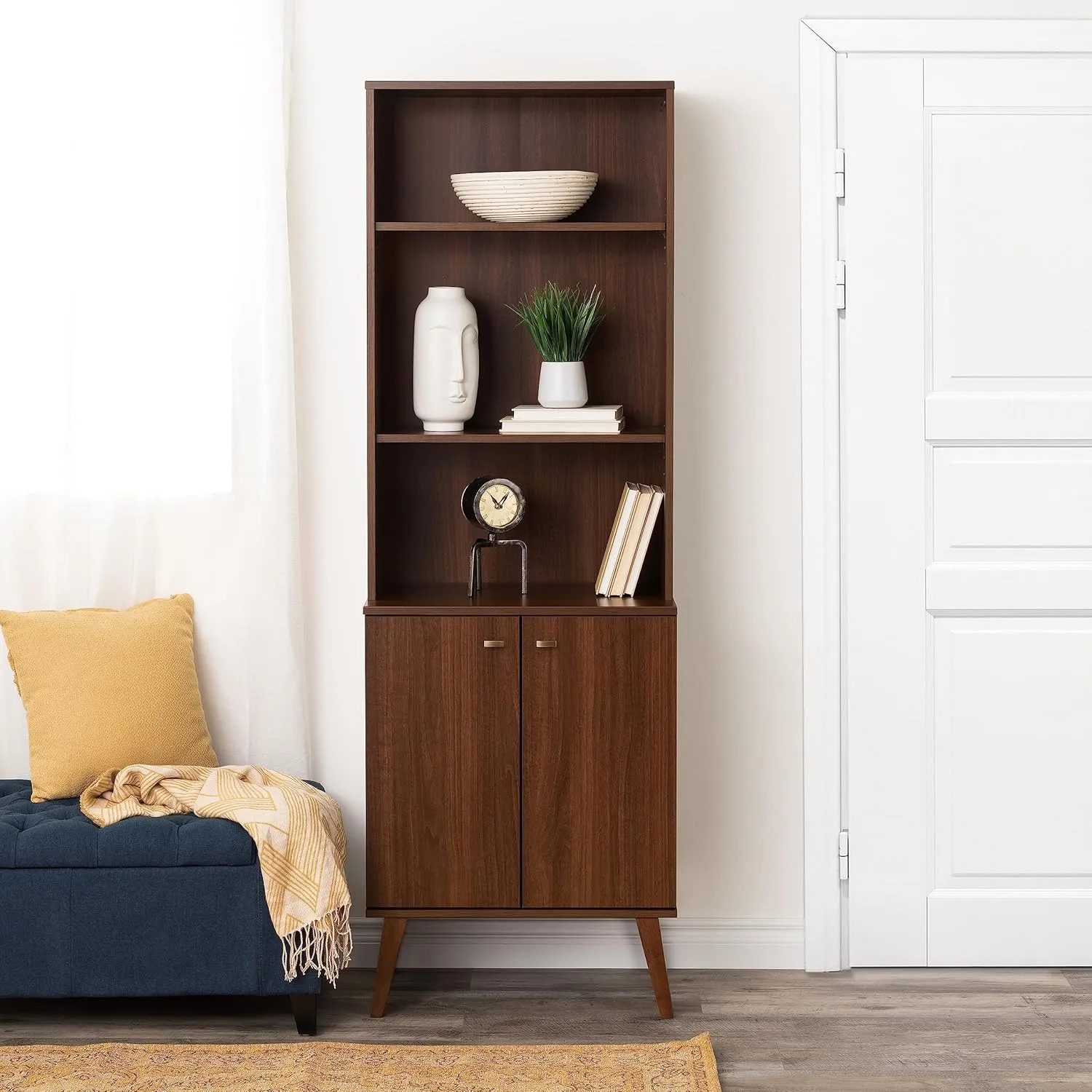 Prepac Milo Mid-Century Modern Tall Bookcase with Adjustable Shelves, Two Doors, and Brushed Brass-Finished Knobs