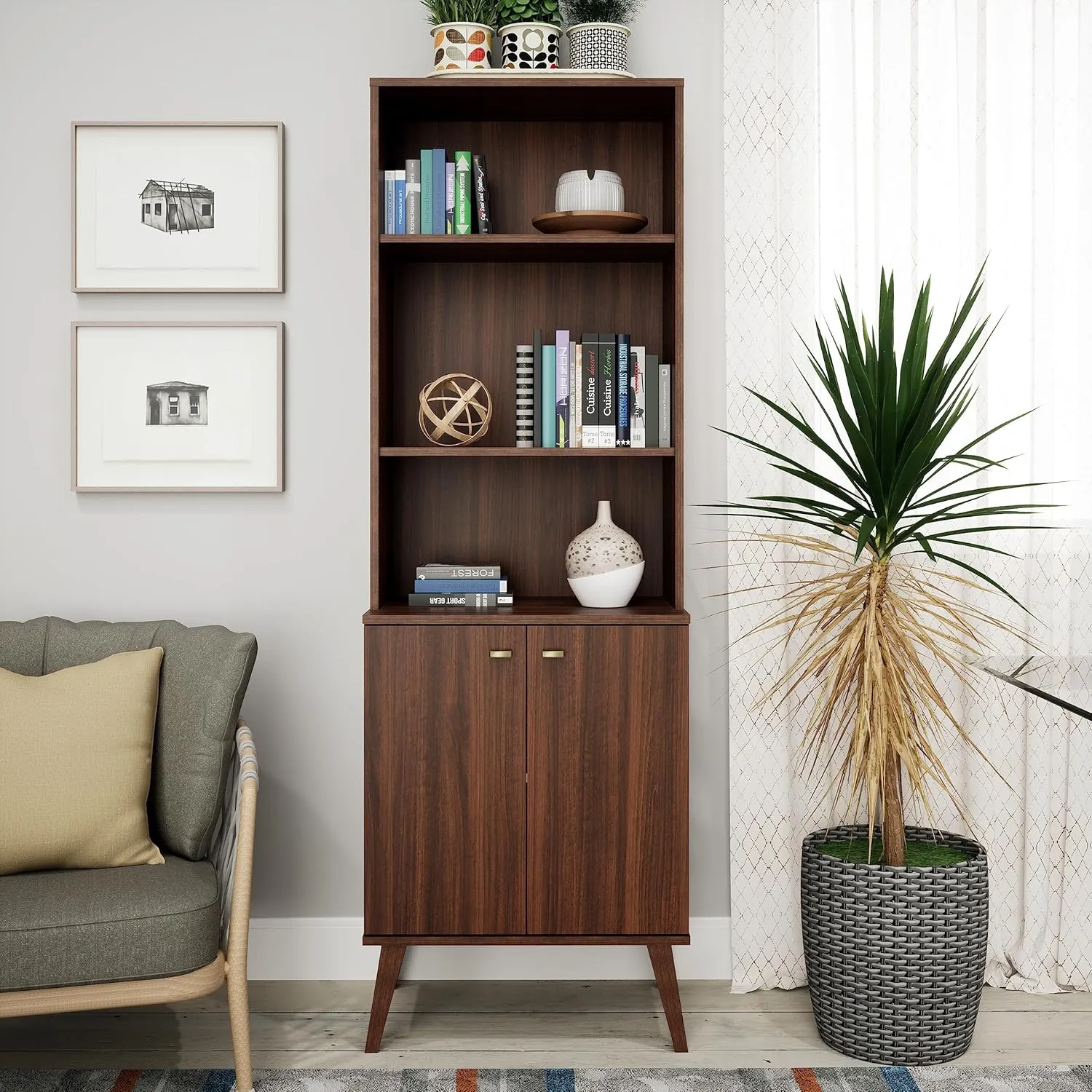 Prepac Milo Mid-Century Modern Tall Bookcase with Adjustable Shelves, Two Doors, and Brushed Brass-Finished Knobs