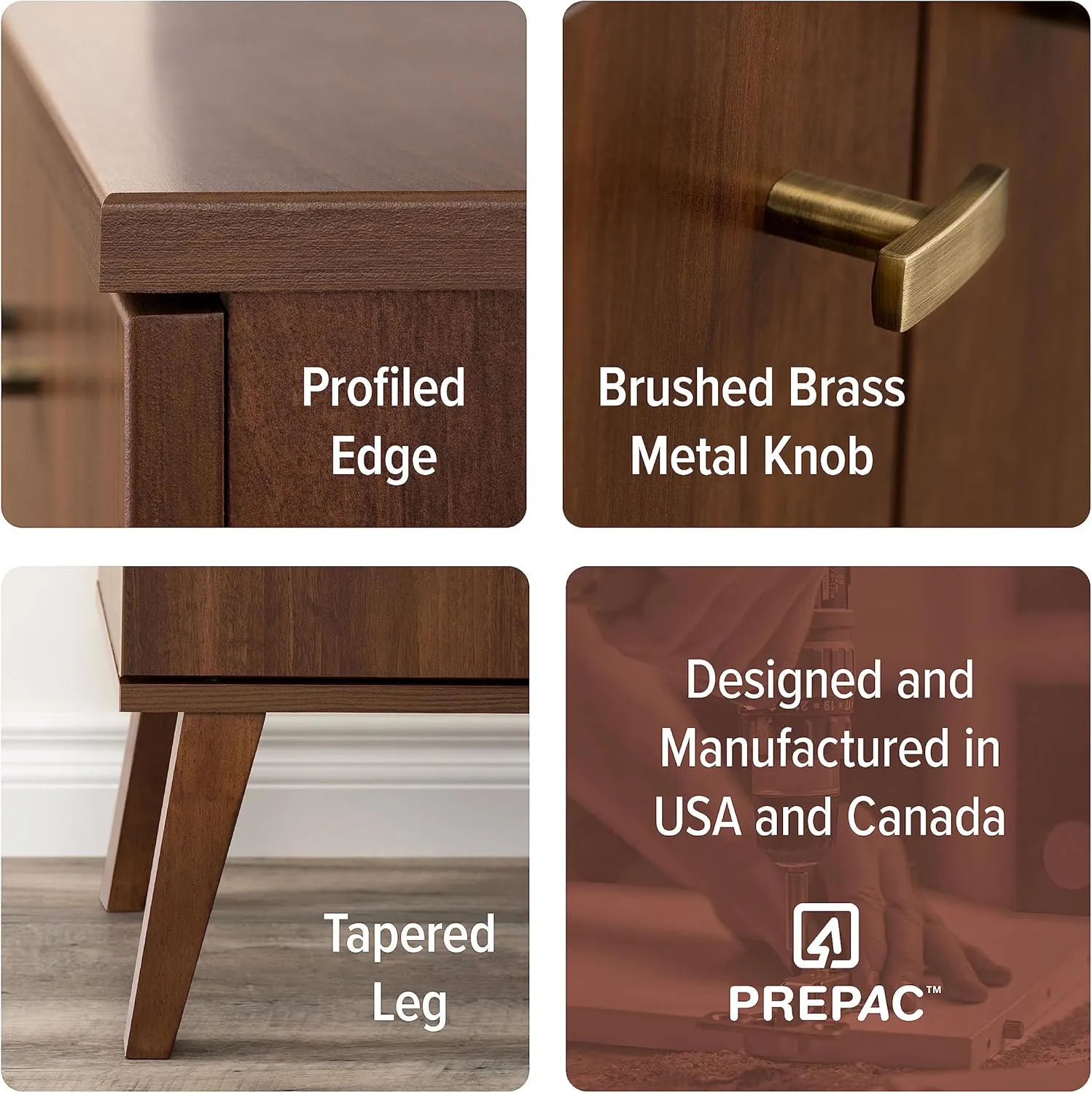 Prepac Milo Mid-Century Modern Tall Bookcase with Adjustable Shelves, Two Doors, and Brushed Brass-Finished Knobs