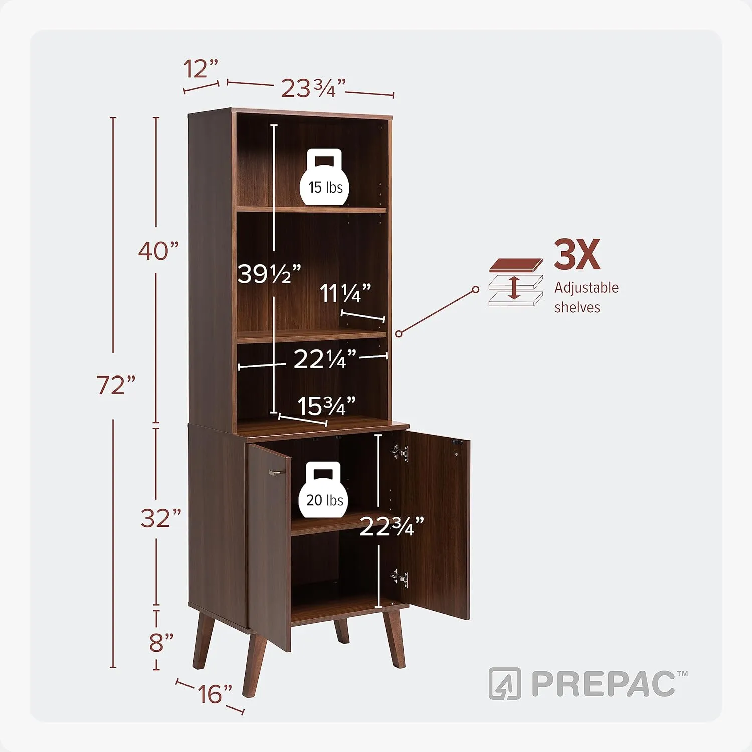 Prepac Milo Mid-Century Modern Tall Bookcase with Adjustable Shelves, Two Doors, and Brushed Brass-Finished Knobs