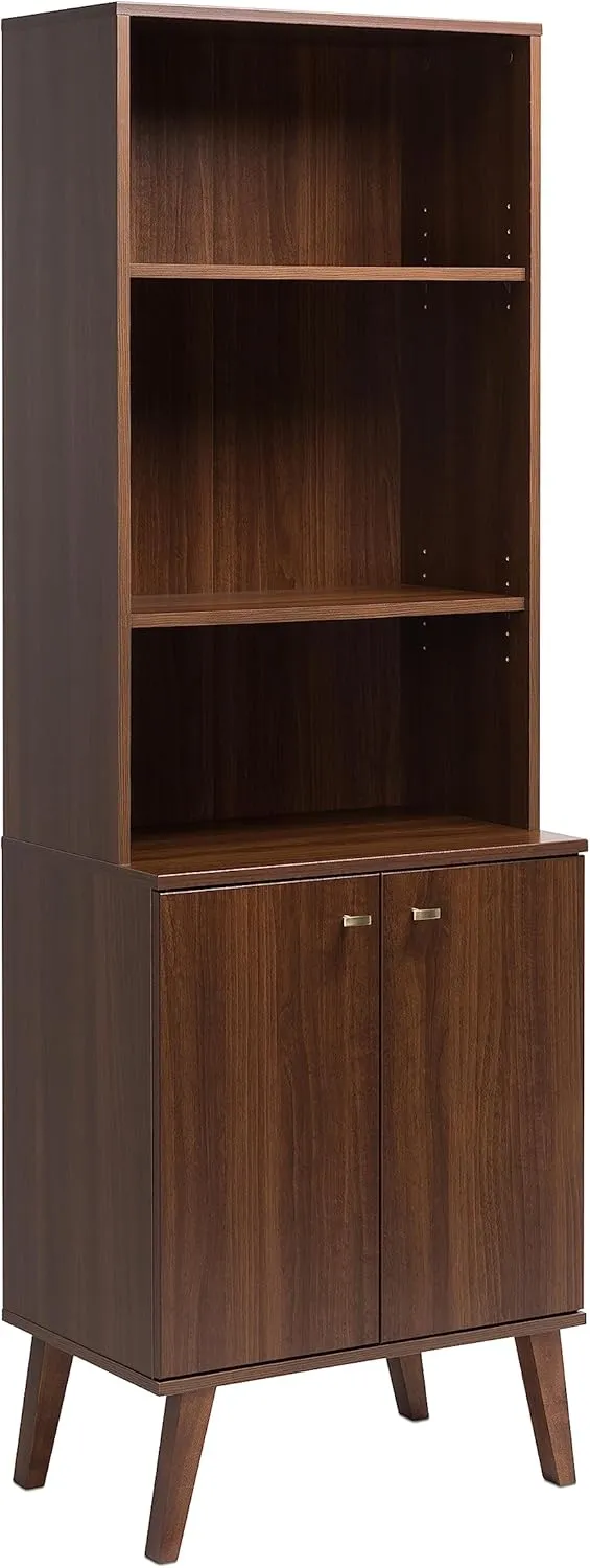 Prepac Milo Mid-Century Modern Tall Bookcase with Adjustable Shelves, Two Doors, and Brushed Brass-Finished Knobs