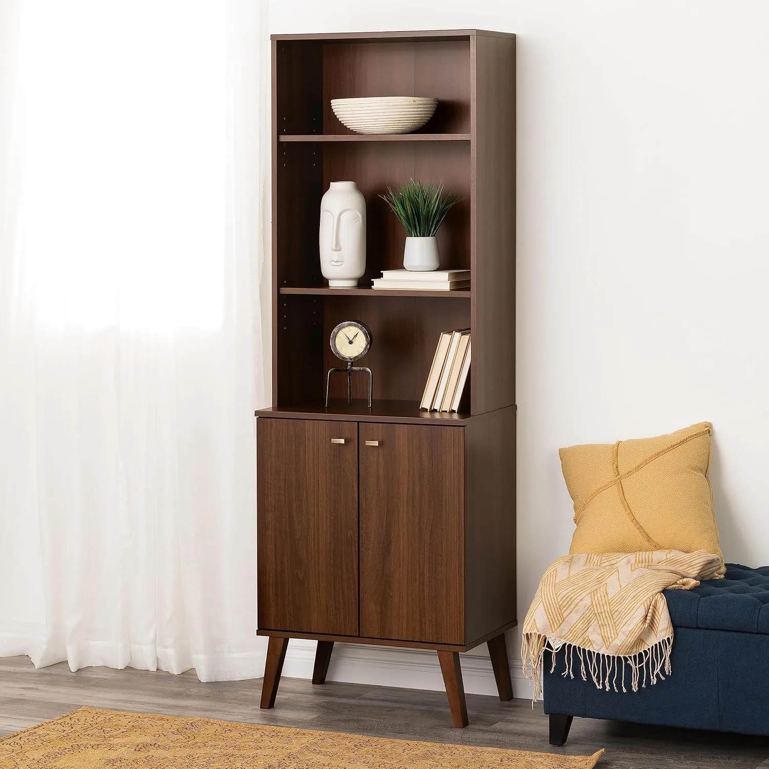 Prepac Milo Mid-Century Modern Tall Bookcase with Adjustable Shelves, Two Doors, and Brushed Brass-Finished Knobs