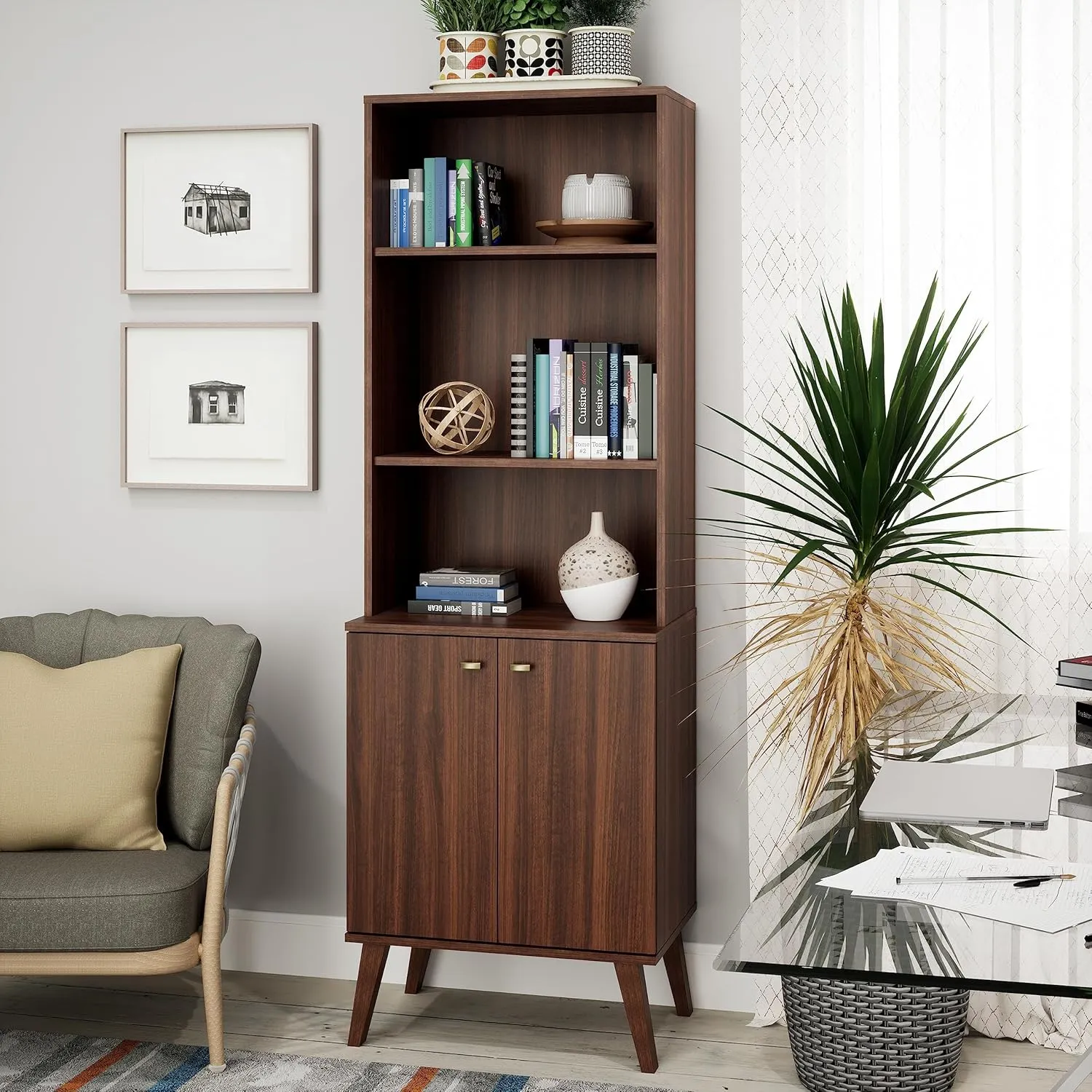 Prepac Milo Mid-Century Modern Tall Bookcase with Adjustable Shelves, Two Doors, and Brushed Brass-Finished Knobs