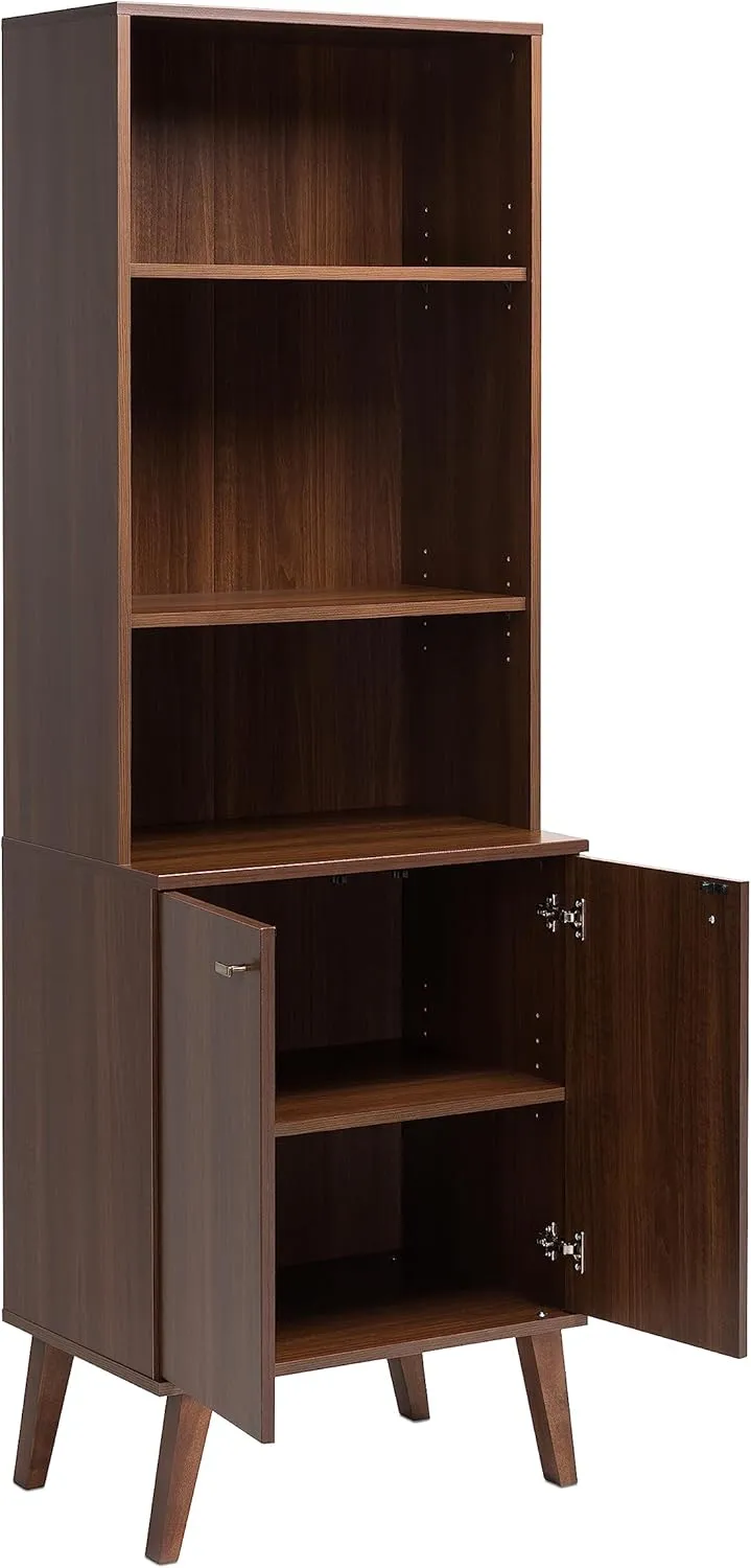 Prepac Milo Mid-Century Modern Tall Bookcase with Adjustable Shelves, Two Doors, and Brushed Brass-Finished Knobs