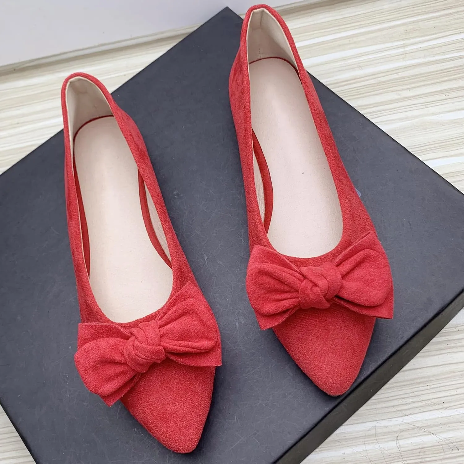 SAILING LU Women's Pointed Toe Ballet Flats Bow Suede Shoes Women Dressy Comfortable Slip-On Loafers