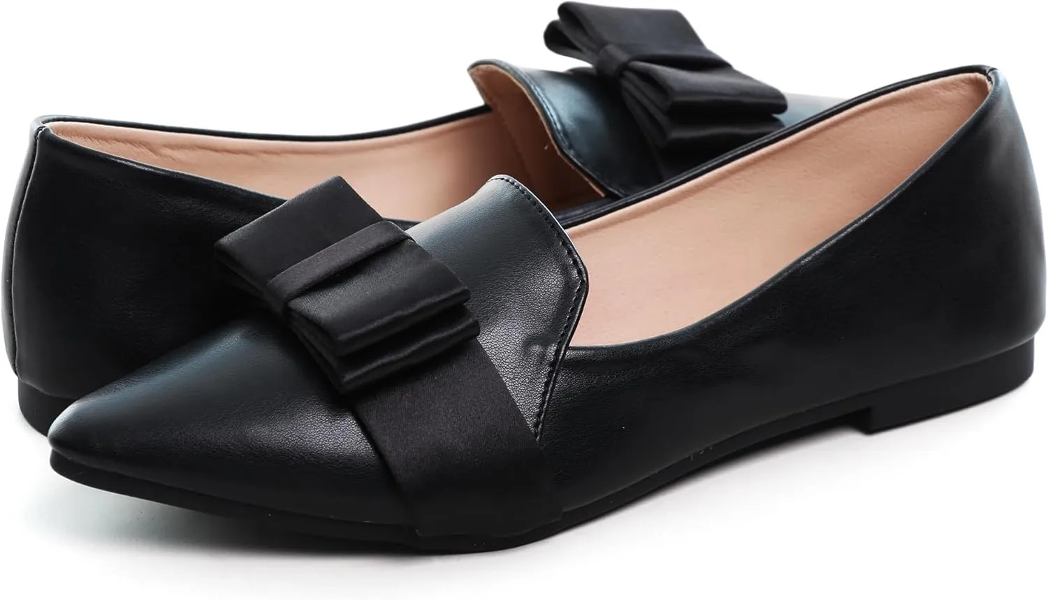 SAILING LU Womens Pointed Toe Shoes PU Ballet Flats Bow-Knot Dress Shoes Slip-on Comfortable Wear to Work Walking Flat Slip-ons