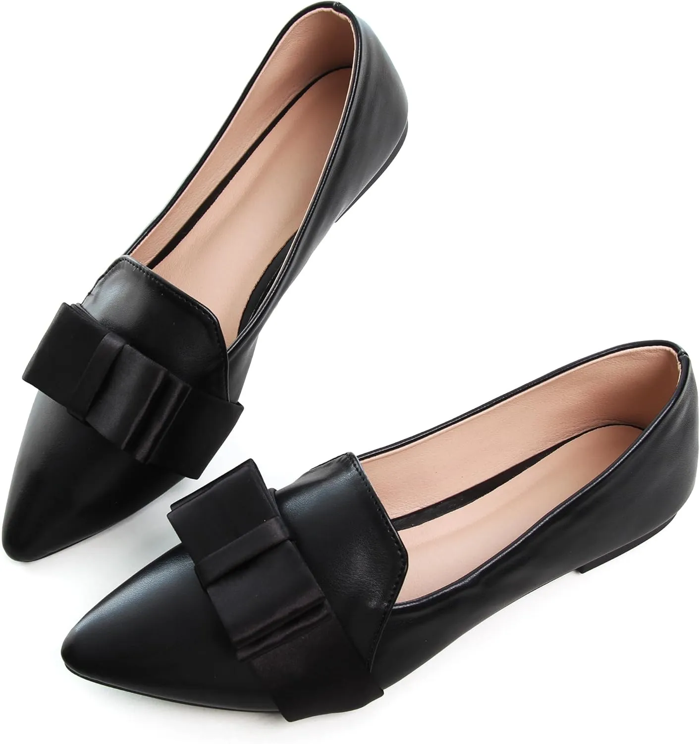 SAILING LU Womens Pointed Toe Shoes PU Ballet Flats Bow-Knot Dress Shoes Slip-on Comfortable Wear to Work Walking Flat Slip-ons