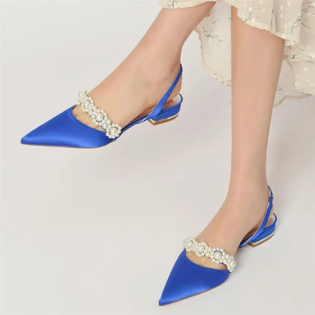 Satin Pearls Wedding Shoes for Bride Flat Pointed Toe Women Slingback Flats