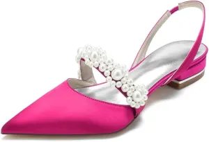 Satin Pearls Wedding Shoes for Bride Flat Pointed Toe Women Slingback Flats