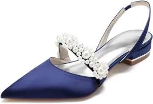 Satin Pearls Wedding Shoes for Bride Flat Pointed Toe Women Slingback Flats