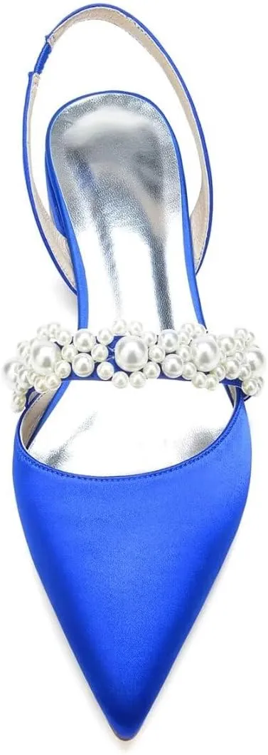 Satin Pearls Wedding Shoes for Bride Flat Pointed Toe Women Slingback Flats