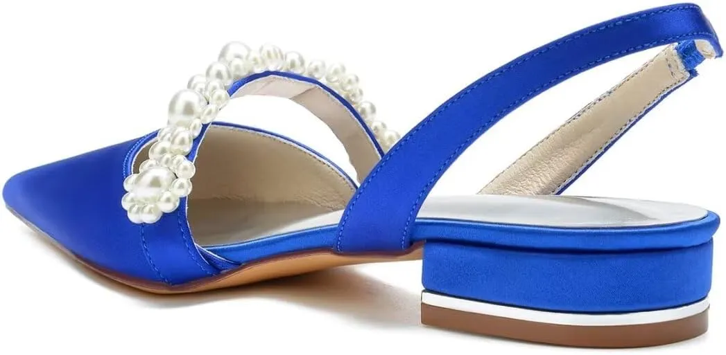 Satin Pearls Wedding Shoes for Bride Flat Pointed Toe Women Slingback Flats