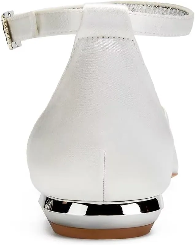 Satin Rhinestones Wedding Shoes for Bride Flats Pointed Toe Formal Dress Shoes Flats