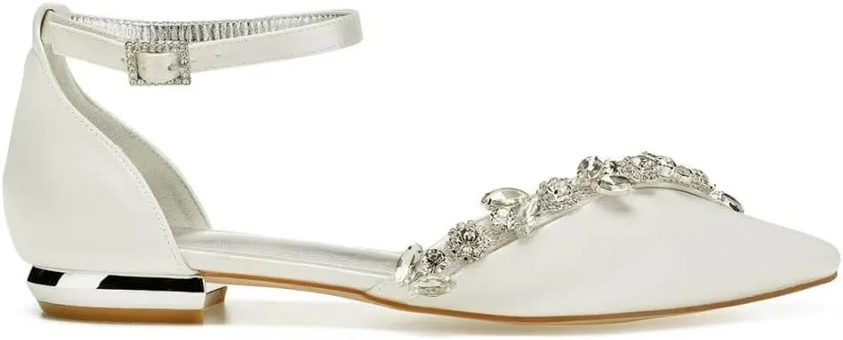 Satin Rhinestones Wedding Shoes for Bride Flats Pointed Toe Formal Dress Shoes Flats
