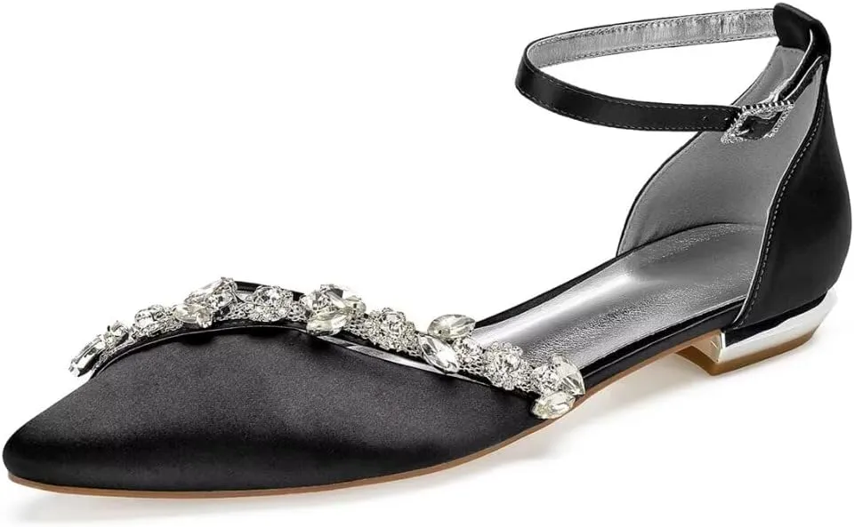 Satin Rhinestones Wedding Shoes for Bride Flats Pointed Toe Formal Dress Shoes Flats