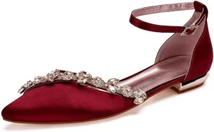 Satin Rhinestones Wedding Shoes for Bride Flats Pointed Toe Formal Dress Shoes Flats