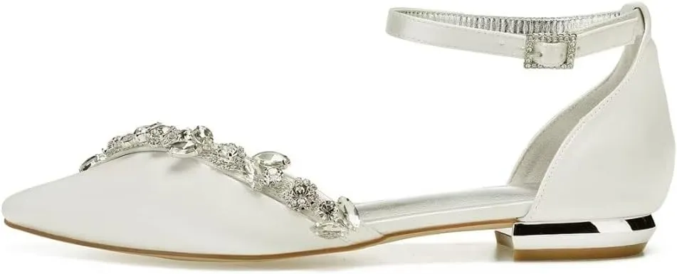 Satin Rhinestones Wedding Shoes for Bride Flats Pointed Toe Formal Dress Shoes Flats