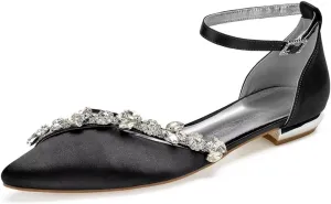 Satin Rhinestones Wedding Shoes for Bride Flats Pointed Toe Formal Dress Shoes Flats