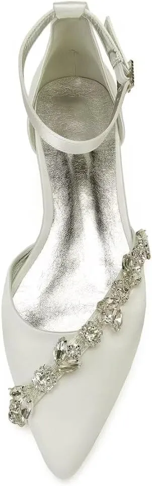 Satin Rhinestones Wedding Shoes for Bride Flats Pointed Toe Formal Dress Shoes Flats