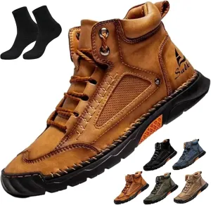 Sawbehind Mens Boots,Sawbehind Leather Shoes, Men's Comfortable Handmade Leather Boots – Waterproof, Outdoor Arch Support Orthopedics Ankle Shoes