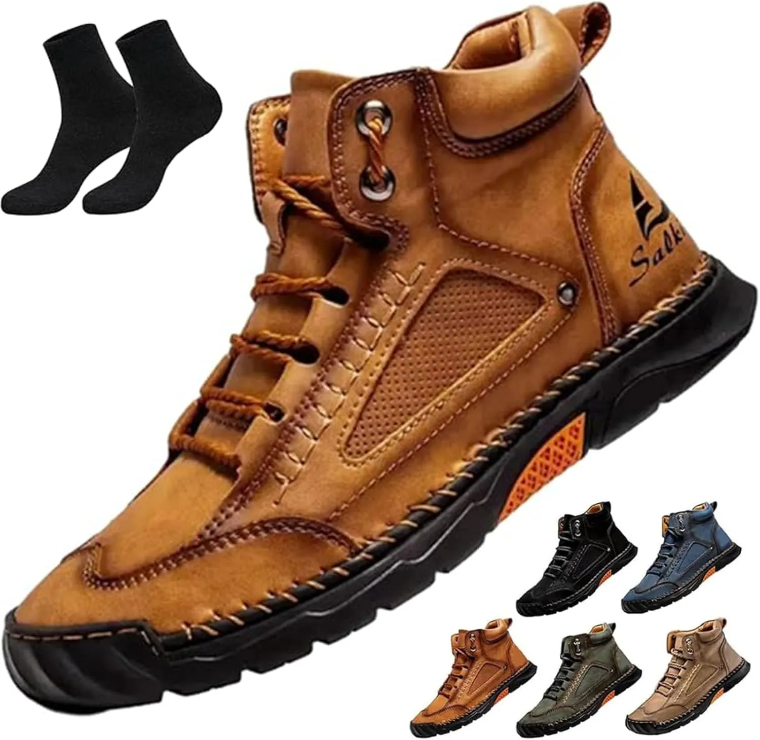 Sawbehind Mens Boots,Sawbehind Leather Shoes, Men's Comfortable Handmade Leather Boots – Waterproof, Outdoor Arch Support Orthopedics Ankle Shoes